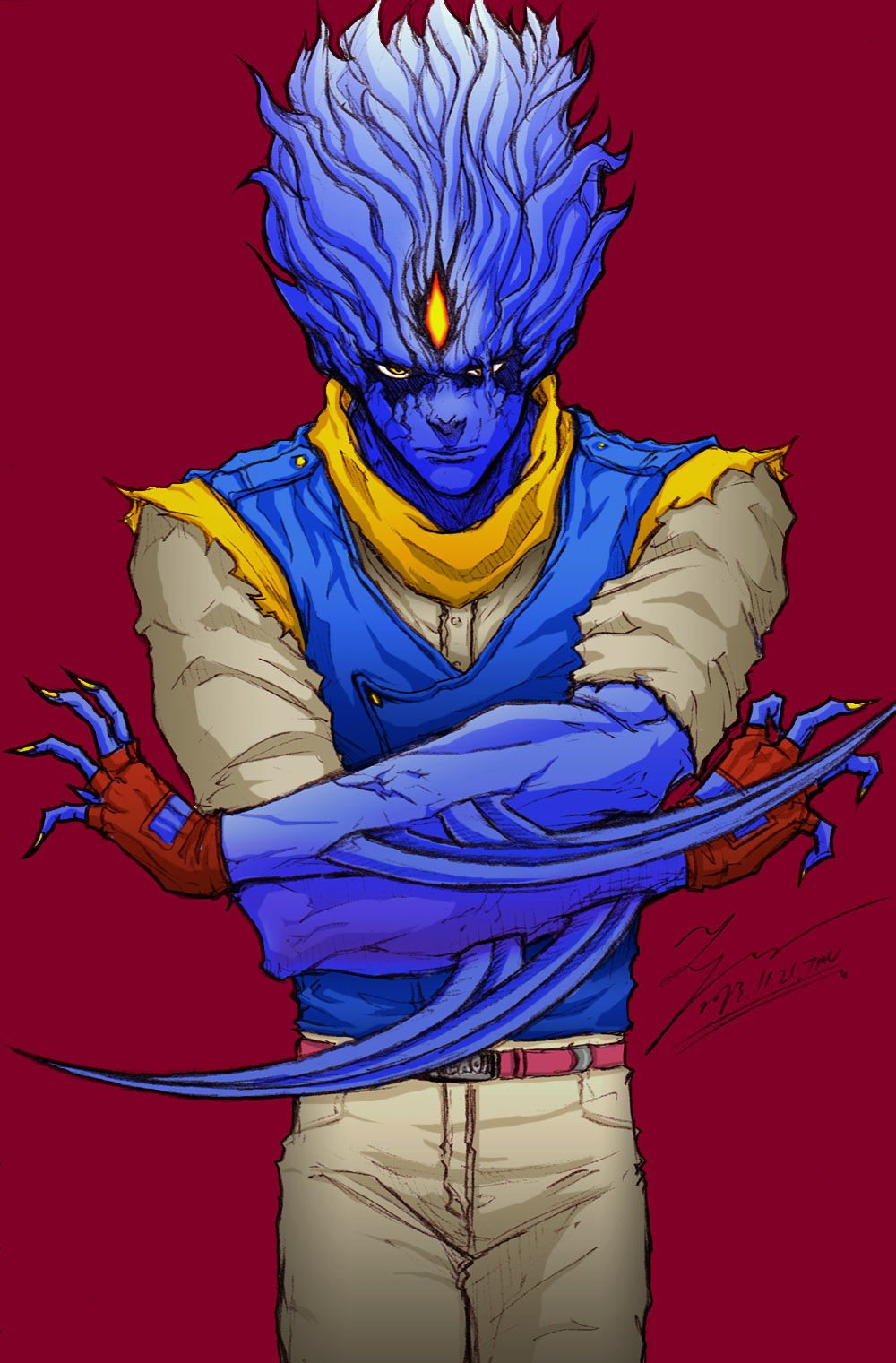 1980s_(style) 1boy arm_blade baoh baoh_raihousha blue_hair claws fingerless_gloves gloves hashizawa_ikurou highres long_hair male_focus retro_artstyle retro_artstyle solo tryvor weapon