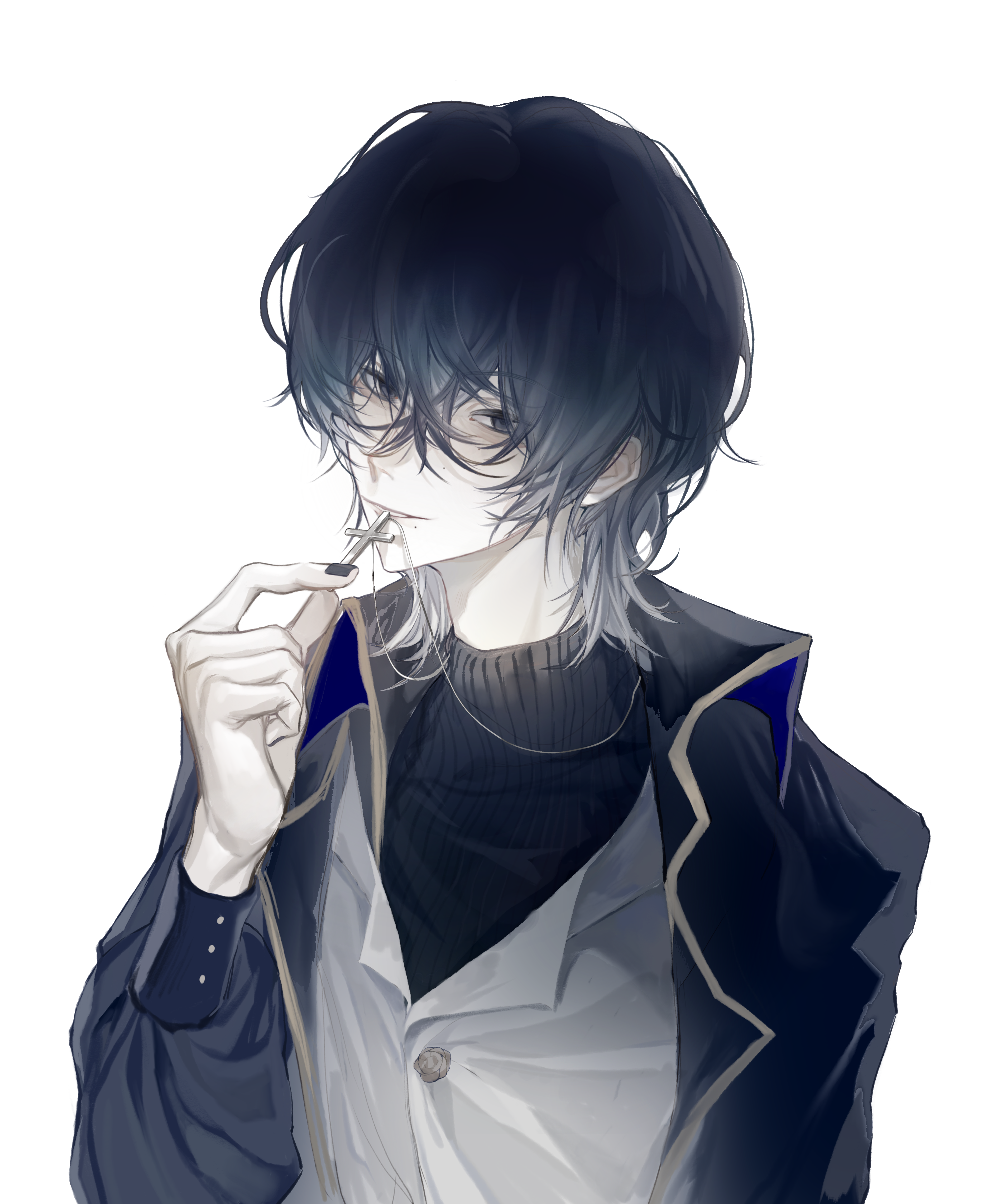 1boy absurdres black_eyes black_hair black_jacket black_sweater c8h11o2n chinese_commentary commentary_request cross cross_necklace flower_button gold_trim gradient_hair hair_between_eyes highres jacket jewelry long_sleeves male_focus mole mole_under_eye mole_under_mouth multicolored_hair multiple_moles necklace open_clothes open_jacket original ribbed_sweater short_hair simple_background smile solo sweater two-tone_hair upper_body vest white_background white_hair white_vest