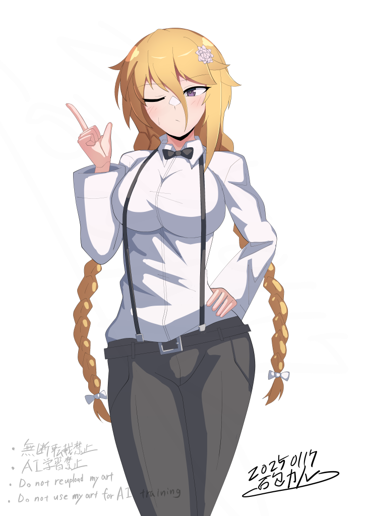 1girl artist_name assault_lily belt belt_buckle black_belt black_bow black_bowtie black_pants blonde_hair blush bow bowtie braid breasts buckle closed_mouth collared_shirt commentary_request cowboy_shot dated flower frown hair_between_eyes hair_flower hair_ornament hand_on_own_hip hand_up index_finger_raised ishitsuma_canon large_breasts long_bangs long_hair long_sleeves looking_at_viewer low_twin_braids low_twintails one_eye_closed pants purple_eyes shirt shirt_tucked_in simple_background solo standing suspenders sweatdrop twin_braids twintails uchida_mayuri very_long_hair watermark white_background white_flower white_shirt
