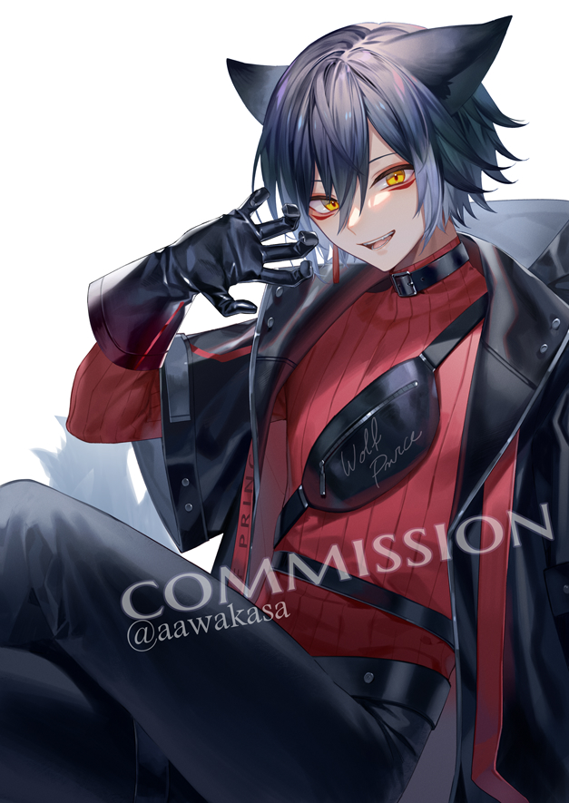 :d animal_ears black_gloves black_jacket black_pants brown_eyes commission eyebrows_hidden_by_hair feet_out_of_frame gloves hair_between_eyes jacket layered_sleeves long_sleeves looking_at_viewer open_clothes open_jacket open_mouth original pants red_shirt ribbed_shirt ryuuki_(hydrangea) shirt short_over_long_sleeves short_sleeves simple_background sitting skeb_commission smile tail twitter_username watermark white_background wide_sleeves