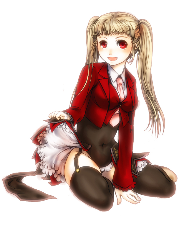 1girl :d asmodeus_(umineko) between_legs black_leotard black_thighhighs blonde_hair blush breasts collared_shirt full_body garter_straps hand_between_legs jacket leotard long_hair long_sleeves looking_at_viewer medium_breasts misumi_kouji navel necktie open_clothes open_jacket open_mouth pink_necktie red_eyes red_jacket shirt showgirl_skirt simple_background smile solo thighhighs twintails umineko_no_naku_koro_ni white_background white_shirt wing_collar