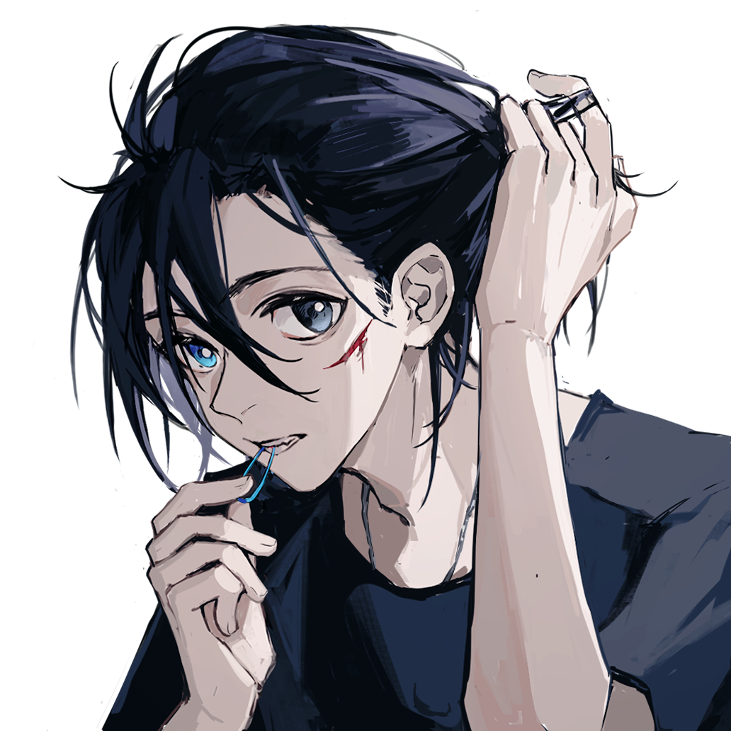 1boy ajiro_shinpei black_eyes black_hair black_shirt bleeding blood blood_on_face blue_eyes chinese_commentary commentary cuts hair_between_eyes hair_tie_in_mouth hand_up heterochromia injury jewelry male_focus mouth_hold necklace shieryue164 shirt short_hair simple_background solo summertime_render t-shirt tying_hair upper_body white_background