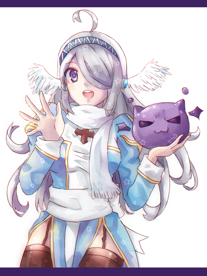 1girl :3 ahoge blue_dress blue_hairband breasts brown_thighhighs commentary cowboy_shot deviling dress english_commentary fang feathered_wings garter_straps hair_over_one_eye hairband head_wings high_priest_(ragnarok_online) himitsu_(dark_nao) juliet_sleeves letterboxed long_bangs long_hair long_sleeves looking_at_viewer medium_breasts open_mouth puffy_sleeves purple_eyes ragnarok_online round_teeth sash scarf simple_background slime_(creature) smile solo teeth thighhighs two-tone_dress upper_teeth_only very_long_hair white_background white_dress white_sash white_scarf white_wings wings