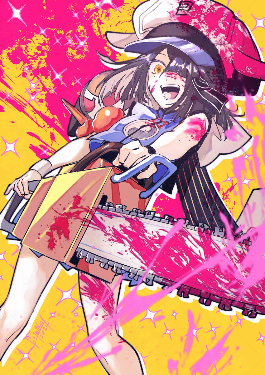 1girl bare_shoulders black_hair blood blue_shirt blue_skirt breasts brown_eyes chainsaw character_doll crop_top doll fate/grand_order fate_(series) hair_over_one_eye hat highres kimidorix32 looking_at_viewer mole mole_under_eye open_mouth pink_blood shirt short_hair skirt sleeveless sleeveless_shirt small_breasts smile solo thighs white_hat wristband xu_fu_(fate) xu_fu_(swimsuit_avenger)_(first_ascension)_(fate) yin_yang yin_yang_print yu_mei-ren_(fate)