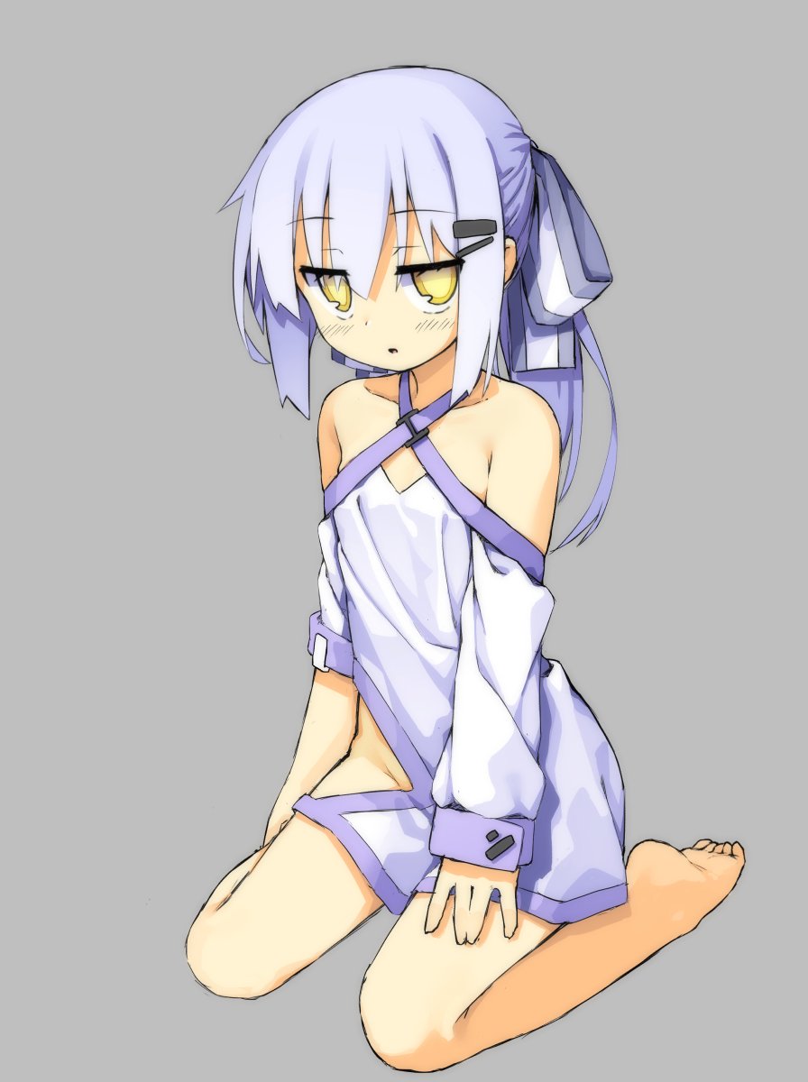 1girl bad_id bad_twitter_id bow dress female_focus full_body grey_background hair_bow hassai highres hip_vent kneeling looking_at_viewer no_panties original ponytail simple_background solo yellow_eyes