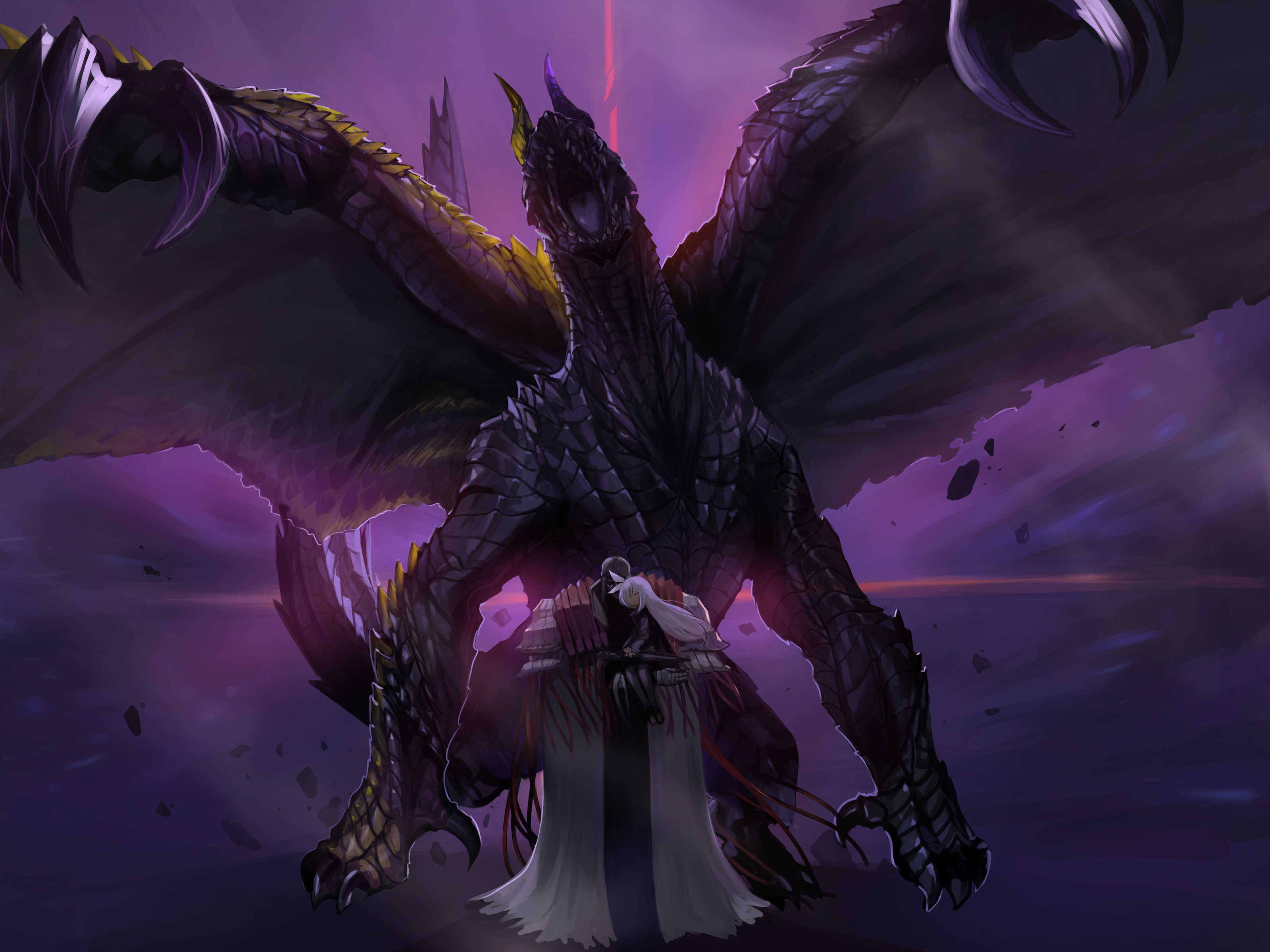 1boy 1girl absurdres animal black_footwear black_jacket black_pantyhose black_skirt blue_archive cloak crossover dokomon dragon gore_magala highres jacket long_hair monster_hunter_(series) pantyhose phrenapates_(blue_archive) plana_(blue_archive) shoes sitting_on_arm skirt very_long_hair white_cloak white_hair
