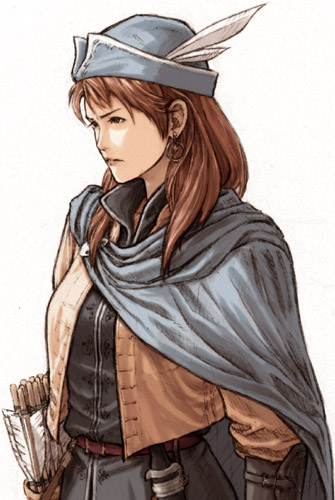 1girl aloser_danya arrow_(projectile) cape earrings female_focus fuji_(d38635s10) hat hat_feather jewelry lowres quiver red_hair solo tactics_ogre