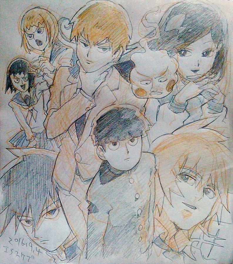 3girls 4boys aoki_(fumomo) asagiri_minori asymmetrical_hair black_eyes black_hair black_jacket black_necktie blazer blonde_hair blue_sailor_collar blue_skirt blunt_bangs blush_stickers brothers business_suit buttons closed_mouth collared_jacket determined dress_pants ekubo_(mob_psycho_100) fingernails floating_hair formal_clothes ghost hand_on_own_chin high_collar interlocked_fingers jacket kageyama_ritsu kageyama_shigeo layered_sleeves long_hair long_sleeves miniskirt mob_psycho_100 multiple_boys multiple_girls neckerchief necktie official_style orange_jacket orange_pants orange_suit own_hands_together pants pleated_skirt red_neckerchief reigen_arataka sailor_collar school_uniform shirt short_hair siblings skirt spiked_hair standing suit takane_tsubomi thick_eyebrows thick_lips traditional_media v-shaped_eyebrows white_shirt