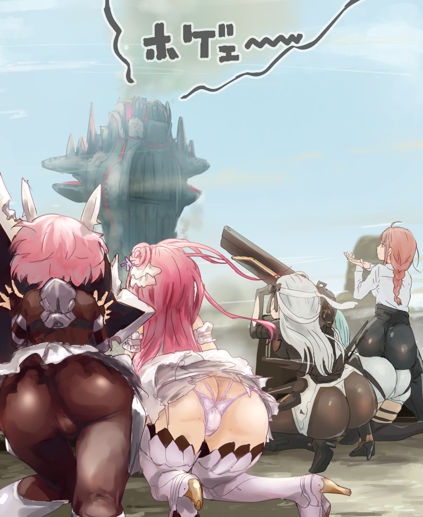 5girls aqua_hair armor armored_bodysuit armored_boots ass ass-to-ass ass_focus bare_shoulders bodysuit boots braid butt_crack cameltoe chainsaw_man dorothy_(nikke) double_bun dress fingerless_gloves formal_clothes from_behind gloves goddess_of_victory:_nikke hair_bun huge_ass juju_(poipoipui) kneeling long_hair makima_(chainsaw_man) modernia_(nikke) multiple_girls noah_(nikke) orange_eyes panties pants pink_hair privaty_(nikke) shield shirt short_hair single_braid sitting sitting_on_person skirt smile squatting thick_thighs thigh_boots thighs thong underwear upskirt very_long_hair white_hair