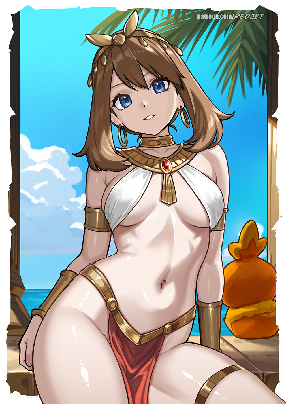 1girl ancient_egyptian_clothes blue_eyes blue_sky breasts brown_hair cloud commentary earrings gen_3_pokemon highres jewelry may_(pokemon) medium_breasts medium_hair navel nintendo paid_reward_available patreon_username pelvic_curtain pokemon pokemon_(creature) pokemon_rse redjet revealing_clothes sky stomach thigh_strap thighs torchic