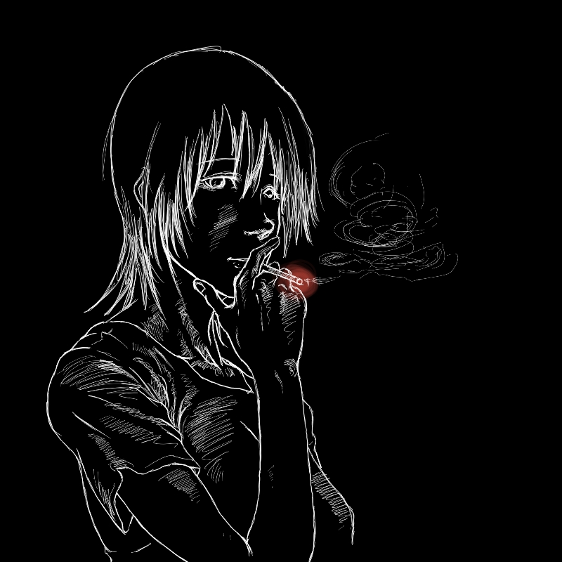 1girl androgynous baten_(gei-vorugu) cigarette dark female_focus greyscale monochrome short_hair smoking solo torako_(yotsubato!) yotsubato!
