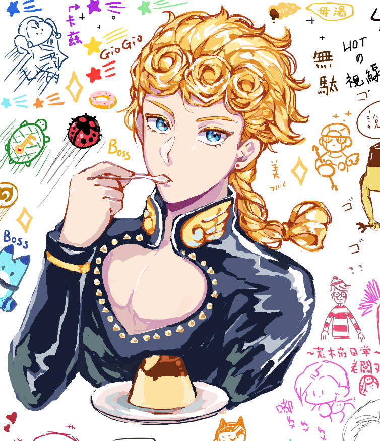 10s blonde_hair blue_eyes bug chocolate_cornet cleavage_cutout clothing_cutout coco_jumbo donut eating food giorno_giovanna gold_experience bug jewelry jojo_no_kimyou_na_bouken kemono_friends ladybug looking_at_viewer lucky_beast_(kemono_friends) pudding risotto_nero tiyi_(tiyi_a09) vento_aureo vinegar_doppio