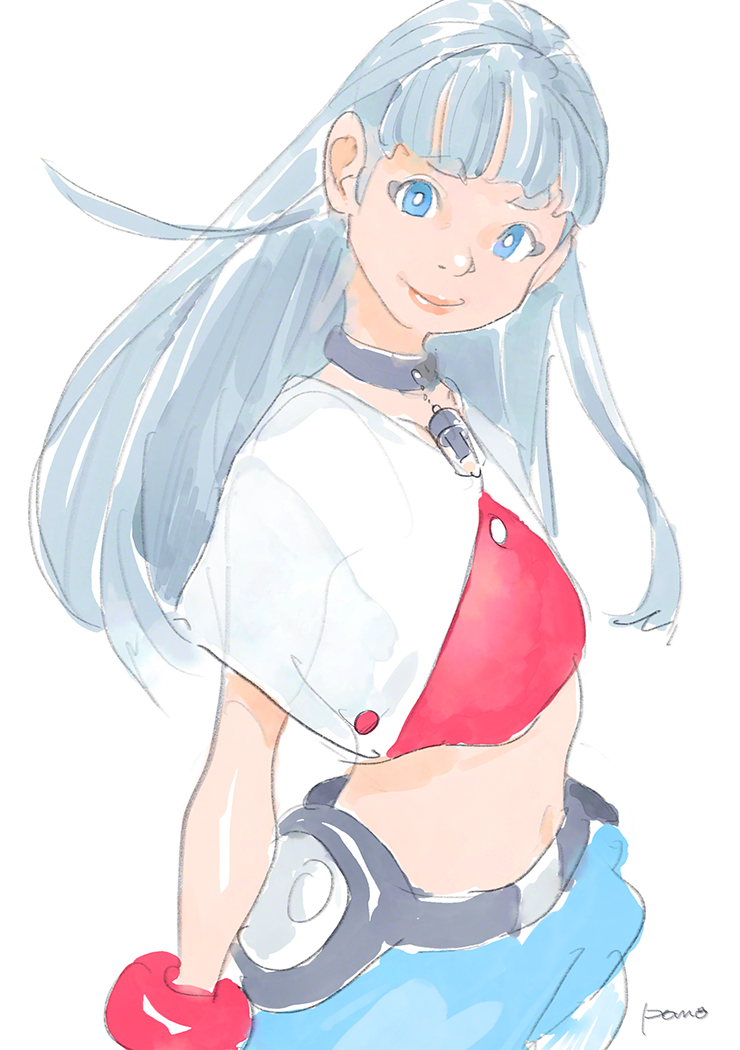 1girl black_collar blue_eyes blue_shorts bright_pupils choker collar crop_top from_side grey_choker grey_hair hair_behind_ear head_tilt jewelry listeners long_hair looking_at_viewer midriff mu_(listeners) navel necklace pomodorosa short_sleeves shorts signature simple_background sketch smile solo vacuum_tube white_background white_pupils