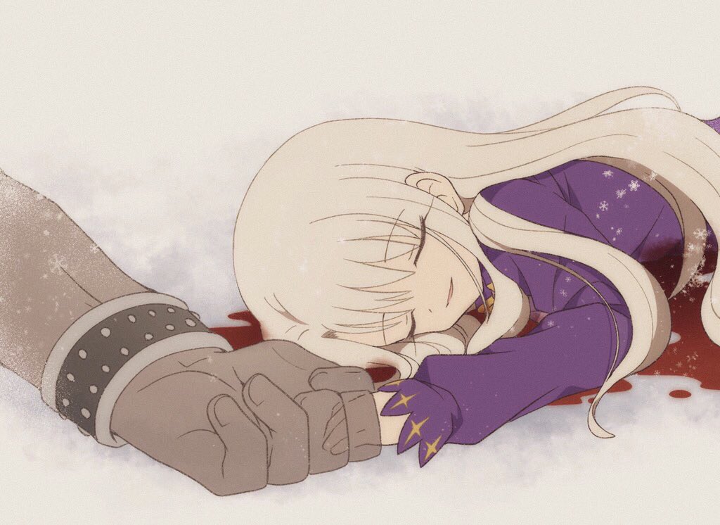 1boy 1girl blood bracelet death closed_eyes fate/stay_night fate_(series) heracles_(fate) illyasviel_von_einzbern jewelry long_hair pool_of_blood smile snow tsubuta_hiro white_hair