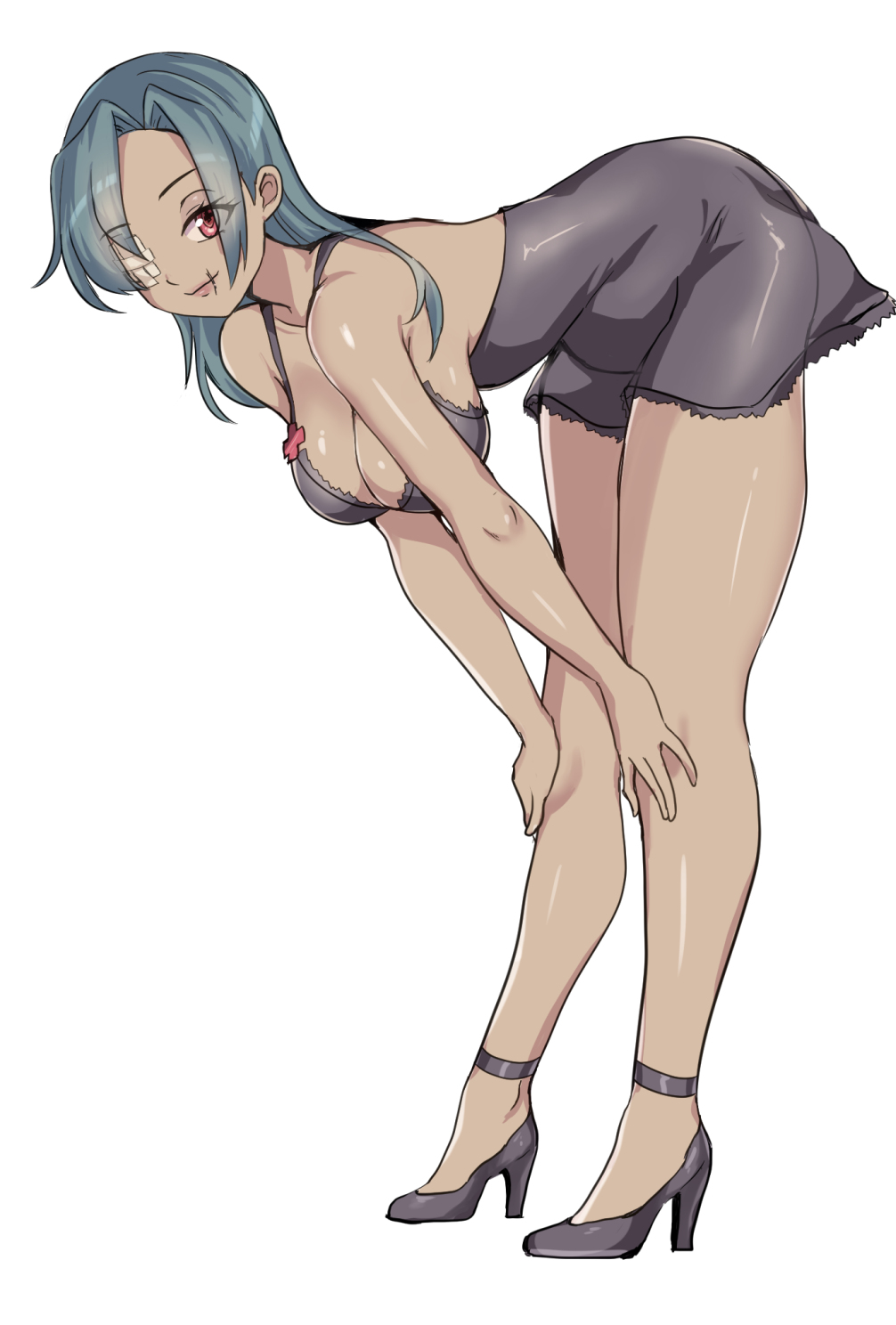 1girl bare_legs bare_shoulders bent_over blue_hair breasts chamame cleavage collarbone dark-skinned_female dark_skin dress eyepatch eyes_visible_through_hair female_focus full_body grey_dress grey_footwear hanging_breasts high_heels highres large_breasts leaning_forward long_hair looking_at_viewer medical_eyepatch medium_breasts red_eyes short_dress simple_background skullgirls sleeveless sleeveless_dress solo thighs valentine_(skullgirls) white_background