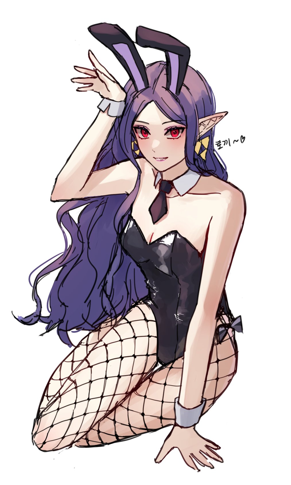 1girl arms_up blush breasts earrings fishnet_pantyhose fishnets highres jewelry leotard long_hair looking_at_viewer necktie neosilleosil nintendo pantyhose playboy_bunny pointy_ears princess_hilda purple_eyes purple_hair red_eyes simple_background small_breasts the_legend_of_zelda the_legend_of_zelda:_a_link_between_worlds triforce white_background