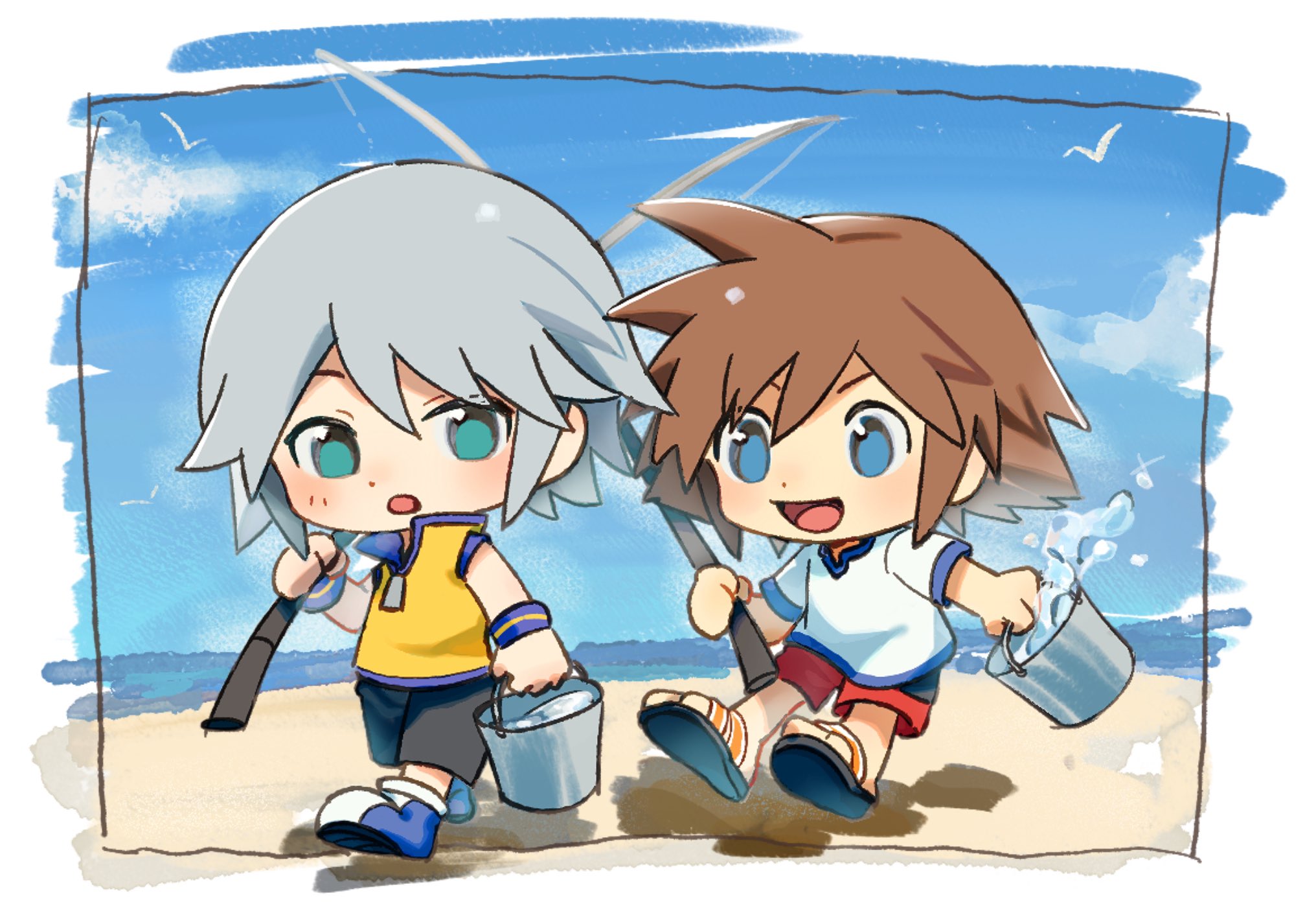 2boys aqua_eyes beach black_shorts blue_eyes boots border brown_hair bucket child fishing_rod grey_hair hair_between_eyes highres holding holding_bucket holding_fishing_rod kingdom_hearts kingdom_hearts_3d:_dream_drop_distance male_focus multiple_boys neku_646611 ocean open_mouth red_shorts riku_(kingdom_hearts) sand sandals shirt short_hair short_sleeves shorts sleeveless sleeveless_shirt smile sora_(kingdom_hearts) spiked_hair white_border white_shirt yellow_shirt