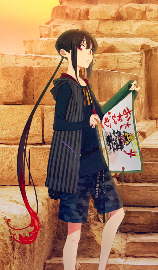 1boy belt black_belt black_hair black_shirt black_shorts camouflage camouflage_shorts commentary crayon drawing_(object) fate/grand_order fate_(series) feet_out_of_frame gradient_hair grey_jacket holding holding_crayon holding_scroll hood hood_down hooded_jacket jacket long_hair long_sleeves looking_at_viewer looking_to_the_side low_ponytail male_focus multicolored_hair oda_nobukatsu_(fate) oda_nobukatsu_(tour_outfit)_(fate) official_art outdoors pako_(pakosun) parted_lips photo_background ponytail red_eyes red_hair scroll shirt shorts sidelocks sleeveless sleeveless_jacket solo third-party_source translated very_long_hair