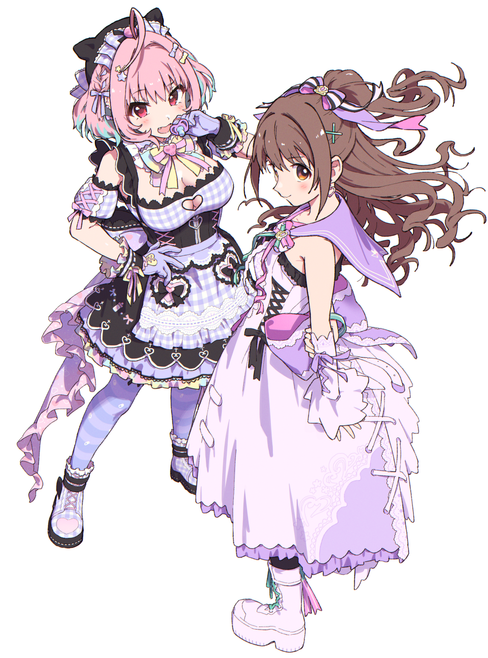 2girls ahoge alternate_costume arm_behind_back bare_shoulders blue_hair blush boots bow breasts brown_eyes brown_hair cleavage cleavage_cutout closed_mouth clothing_cutout detached_sleeves dress earrings fang floating_hair frilled_ribbon frills from_side full_body gingham gingham_bow gingham_dress gingham_footwear gingham_sleeves gloves hair_bow hair_intakes hair_ornament hair_ribbon hand_on_own_arm hand_up heart heart_cutout heart_earrings heart_print highres holding idolmaster idolmaster_cinderella_girls idolmaster_cinderella_girls_starlight_stage jewelry large_breasts long_dress long_hair looking_at_viewer multiple_girls nanonin neck_ribbon open_mouth pacifier pantyhose pink_eyes pink_hair pink_ribbon purple_bow purple_dress purple_gloves purple_ribbon ribbon shimamura_uzuki skull sleeveless sleeveless_dress standing star_(symbol) star_hair_ornament striped_clothes striped_pantyhose thighhighs wristband x_hair_ornament yellow_bow yellow_ribbon yumemi_riamu