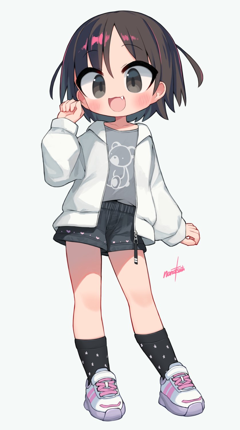 1girl animal_print artist_name bear_print black_shorts black_socks brown_eyes brown_hair clenched_hand collarbone commentary_request fang full_body grey_shirt hand_up heart heart_print highres hood hood_down hooded_jacket jacket long_sleeves medium_hair nanatsuta open_clothes open_jacket open_mouth original print_shirt print_shorts shirt shoes shorts smile sneakers socks solo standing two_side_up white_jacket white_shoes zipper_pull_tab