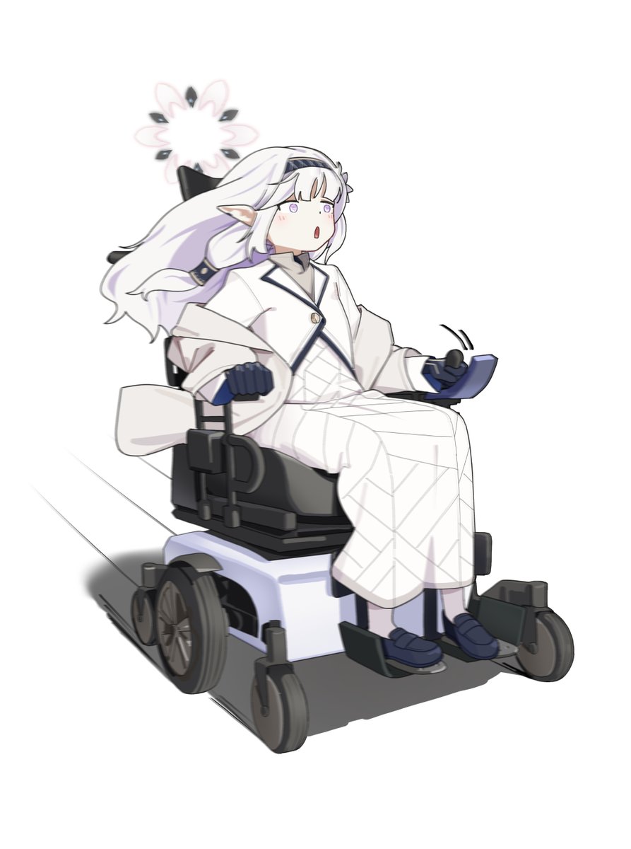 1girl adon_(dufaladanidu) black_gloves black_hairband black_shoes blue_archive blush dress excited gloves hair_ornament hairband halo highres himari_(blue_archive) jacket loafers long_hair long_sleeves motion_blur off_shoulder open_mouth pointy_ears powered_wheelchair purple_eyes shoes simple_background solo wheelchair white_background white_dress white_hair white_jacket