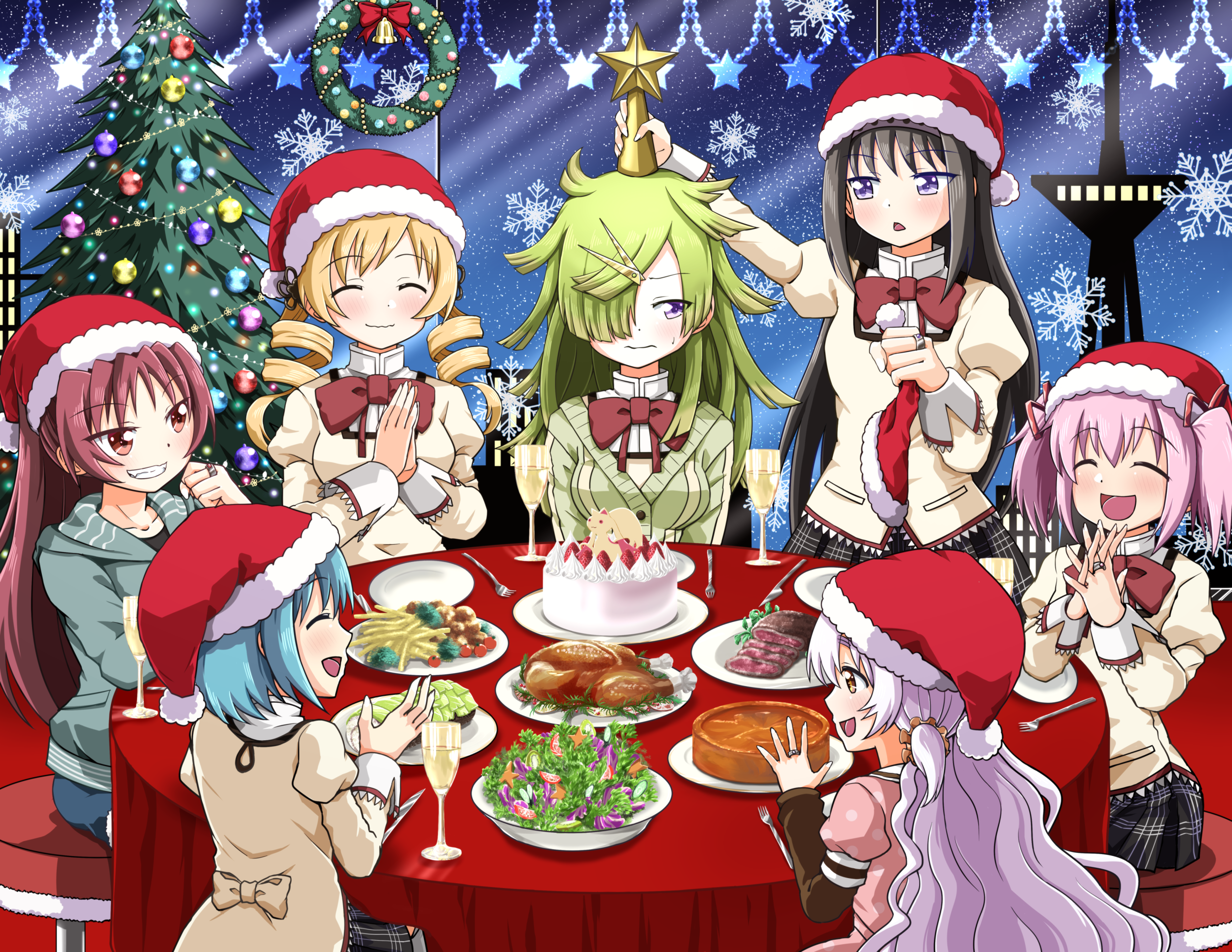 6+girls akemi_homura aki_mabayu black_hair blue_hair cake champagne_flute chicken_(food) christmas christmas_lights christmas_ornaments christmas_star christmas_tree christmas_wreath cup dress drill_hair drinking_glass food fork fruit fur-trimmed_headwear fur_trim hat highres jacket kaname_madoka kishimen_hair magia_record:_mahou_shoujo_madoka_magica_gaiden mahou_shoujo_madoka_magica merry_christmas miki_sayaka mitakihara_school_uniform momoe_nagisa multiple_girls one_eye_covered party pink_hair plate polka_dot polka_dot_dress ponytail red_hair red_hat ribbon sakura_kyoko salad santa_hat school_uniform scissors_hair_ornament shinkai_no_shachi short_twintails strawberry strawberry_cake sweater_jacket tomoe_mami twin_drills twintails wreath