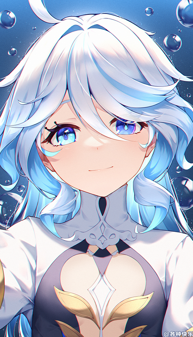 1girl ahoge blue_eyes blue_hair cowlick dress drop-shaped_pupils furina_(genshin_impact) ge_zhong_kuaile genshin_impact heterochromia light_blue_hair long_hair looking_at_viewer multicolored_dress reaching reaching_towards_viewer smile solo symbol-shaped_pupils white_dress