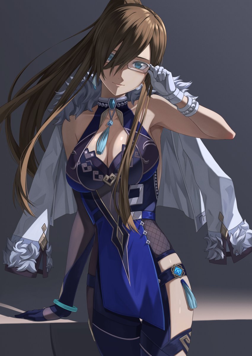 1girl adjusting_eyewear alternate_costume alternate_hairstyle asymmetrical_gloves bare_shoulders black-framed_eyewear blue_dress blue_eyes blue_gloves bracelet breasts brown_hair cleavage closed_mouth collarbone commentary_request commission cosplay cowboy_shot dice dress earrings elbow_gloves genshin_impact glasses gloves hair_between_eyes hair_over_one_eye hand_up high_ponytail highres jacket jacket_on_shoulders jewelry large_breasts long_hair looking_at_viewer pelvic_curtain ponytail rourou_ill sidelocks single_elbow_glove skeb_commission smile solo tales_of_(series) tales_of_the_abyss tassel tear_grants thighhighs vision_(genshin_impact) white_gloves white_jacket yelan_(genshin_impact) yelan_(genshin_impact)_(cosplay)