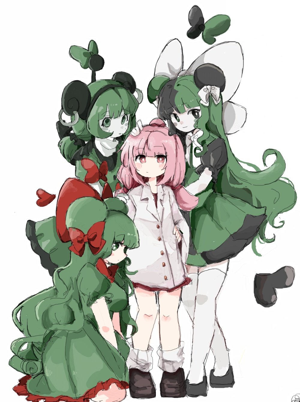 4girls agochu_ketsuago black_eyes black_footwear bow brown_footwear buttons coat colored_skin crossed_legs curly_hair double_bun dress green_dress green_hair hair_bun highres long_hair low_twintails multicolored_hair multiple_girls pink_hair pucchi_woofwoof red_ribbon ribbon standing thighhighs towelket_wo_mou_ichido twintails two-tone_hair white_coat white_ribbon white_skin yukikaze2828