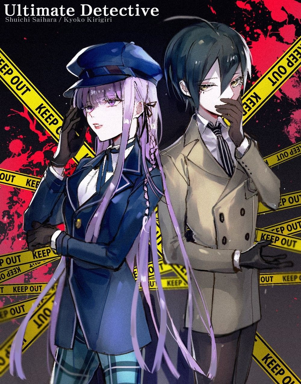 1boy 1girl akechi_gorou akechi_gorou_(cosplay) artist_request blood blood_splatter caution_tape cosplay crossover danganronpa:_trigger_happy_havoc danganronpa_(series) danganronpa_v3:_killing_harmony english_text keep_out kirigiri_kyoko persona persona_4 persona_5 purple_eyes purple_hair saihara_shuichi shirogane_naoto shirogane_naoto_(cosplay)