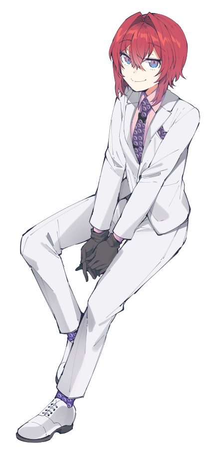 1girl ange_katrina between_legs black_gloves blue_eyes closed_mouth collared_shirt commentary_request cosplay crossdressing crossed_bangs dot_nose formal_clothes full_body gloves gradient_eyes hair_between_eyes hair_intakes hand_between_legs jacket joe_rikiichi joe_rikiichi_(1st_costume) joe_rikiichi_(cosplay) lapels long_bangs long_sleeves looking_at_viewer mitsumine_(ookami_no_oyashiro) multicolored_eyes necktie nijisanji own_hands_together pants pink_shirt pocket_square purple_eyes purple_necktie purple_socks red_hair shirt shoes short_hair simple_background smile socks solo suit suit_jacket virtual_youtuber white_background white_jacket white_pants white_shoes