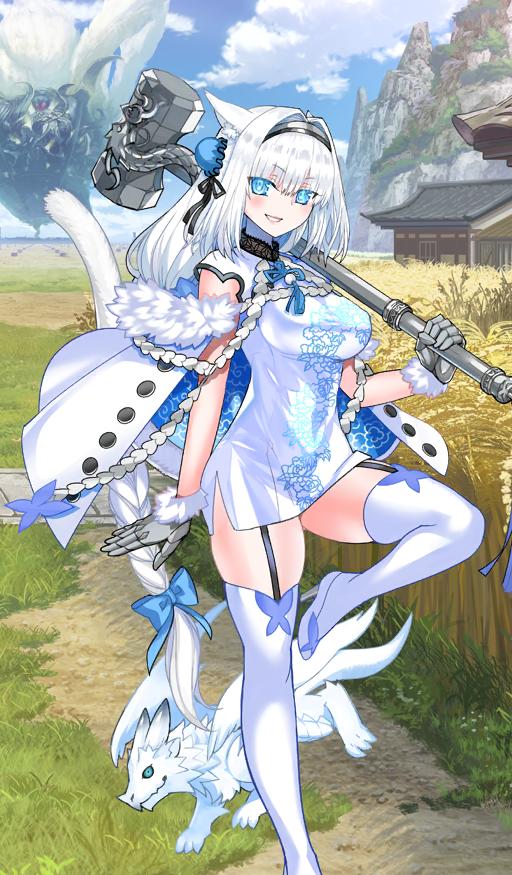 1girl animal_ear_fluff animal_ears blue_bow blue_eyes blue_sky blush bow braid braided_ponytail breasts bun_cover cat_ears cat_girl cat_tail china_dress chinese_clothes dobrynya_nikitich_(dream_portrait)_(fate) dobrynya_nikitich_(fate) double_bun dragon dress fate/grand_order fate_(series) gloves grey_gloves grin hair_bow hair_bun hairband hammer high_heels large_breasts long_hair looking_at_viewer low_ponytail official_art ponytail robina short_dress short_sleeves sky smile tail tassel thighhighs white_dress white_hair white_thighhighs