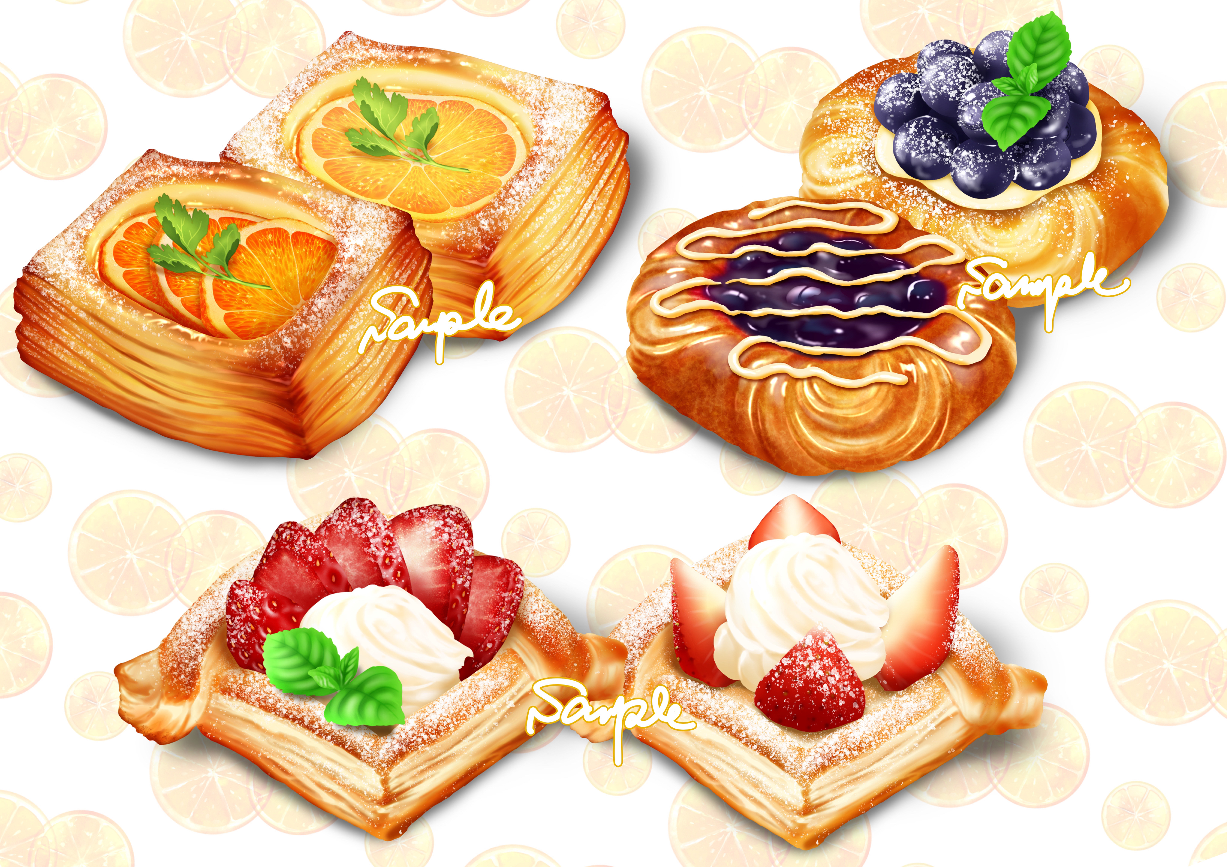 absurdres blueberry bread danish_pastry food food_focus fruit gyuunyuu_oume highres no_humans orange_(fruit) orange_slice original still_life strawberry granulated_sugar whipped_cream