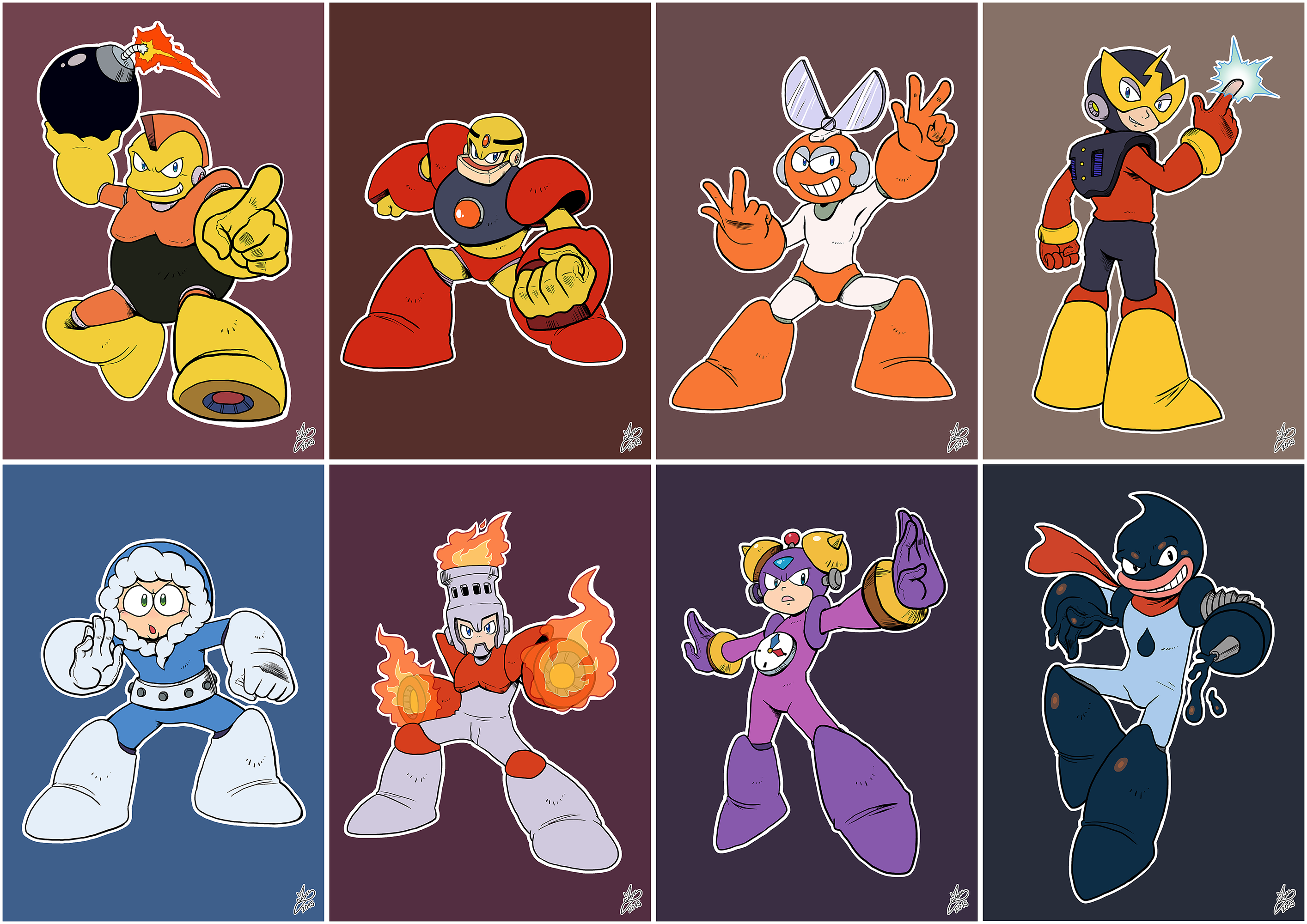 bomb bomb_man capcom coat cut_man elec_man electricity explosive fire fire_man full_body grin guts_man hand_up highres ice_man looking_at_viewer mask mega_man_(classic) mega_man_(series) no_humans non-humanoid_robot oil oil_man robot robot_ears rockman_(game) scarf scissors smile time_man v