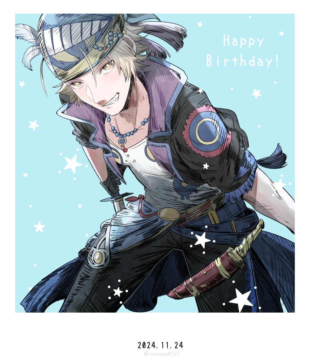 1boy bead_necklace beads black_jacket black_pants blue_background border brown_eyes cowboy_shot dagger dated final_fantasy final_fantasy_vi grey_hair grin happy_birthday headscarf holding holding_dagger holding_knife holding_weapon jacket jewelry knife locke_cole looking_at_viewer male_focus necklace nnnmmg0725 pants parted_bangs sheath shirt short_hair smile solo teeth twitter_username weapon white_border white_shirt