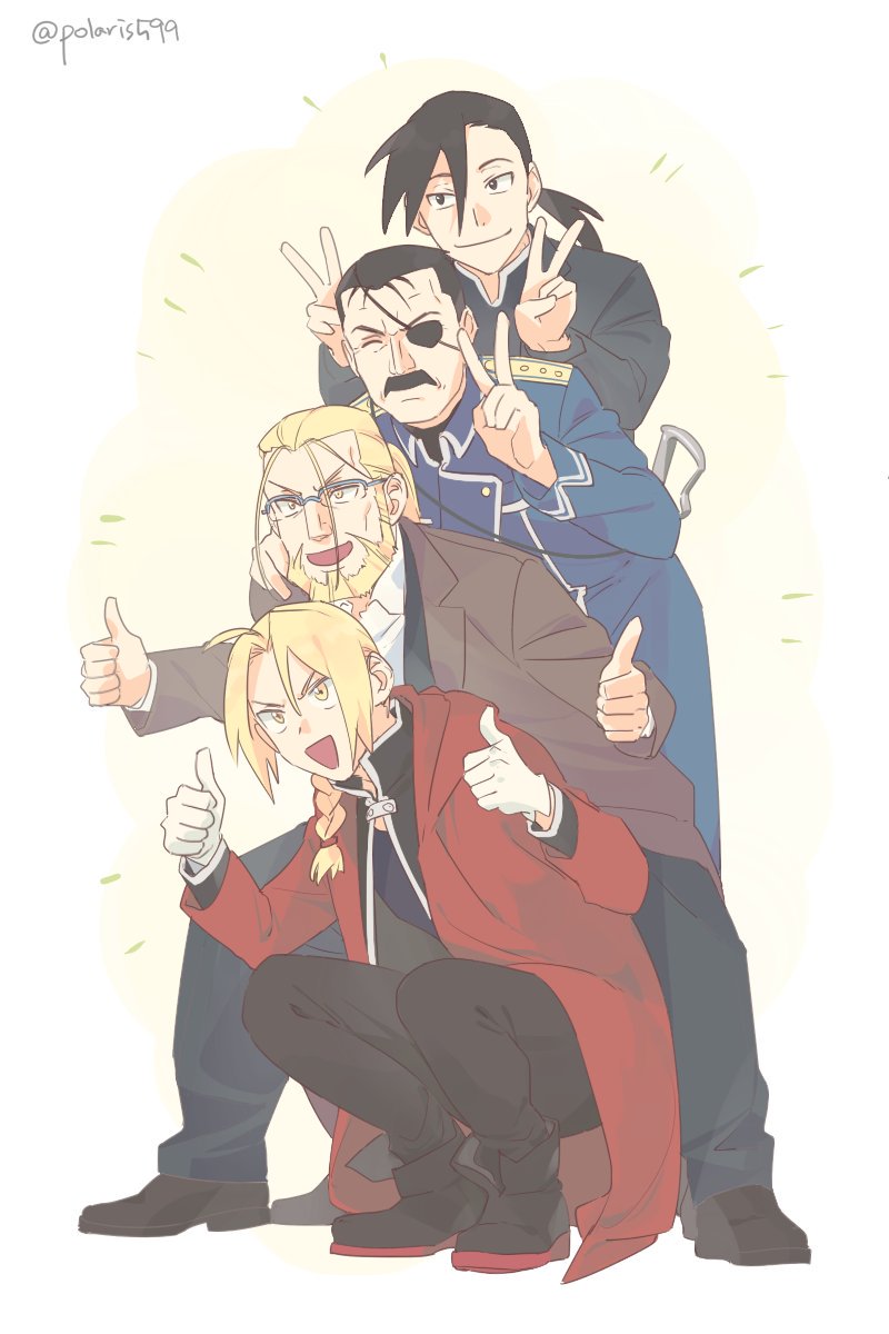 &gt;:d +++ 4boys amestris_military_uniform antenna_hair beard behind_another black_hair black_pants black_shirt blonde_hair boots braid brown_coat closed_eyes coat double_v edward_elric eyepatch facial_hair frown full_body fullmetal_alchemist glasses gloves gradient_background greed_(fma) happy highres image_sample ing-eo_(polaris599) king_bradley kneeling ling_yao long_hair looking_away male_focus military military_uniform multiple_boys mustache open_mouth pants ponytail red_coat shirt short_hair simple_background smile spread_legs standing sword thumbs_up twitter_sample twitter_username v van_hohenheim vest waistcoat weapon white_background white_shirt yellow_eyes
