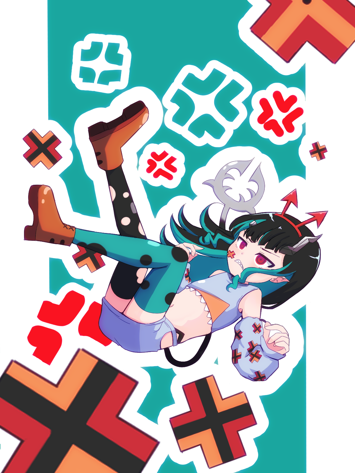 1girl alternate_costume anger_vein black_hair black_thighhighs blue_hair blue_thighhighs blush boots brown_boots clenched_teeth commentary_request crop_top demon_girl demon_horns demon_tail detached_sleeves fake_horns falling flat_chest full_body grey_shirt grey_shorts grey_sleeves highres horns long_hair mismatched_thighhighs multicolored_hair nanashi_inc. navel pointy_ears red_eyes rokusuke_nonaka sharp_teeth shirt shishio_chris shorts sleeveless sleeveless_shirt solo tail teeth thighhighs two-tone_hair virtual_youtuber