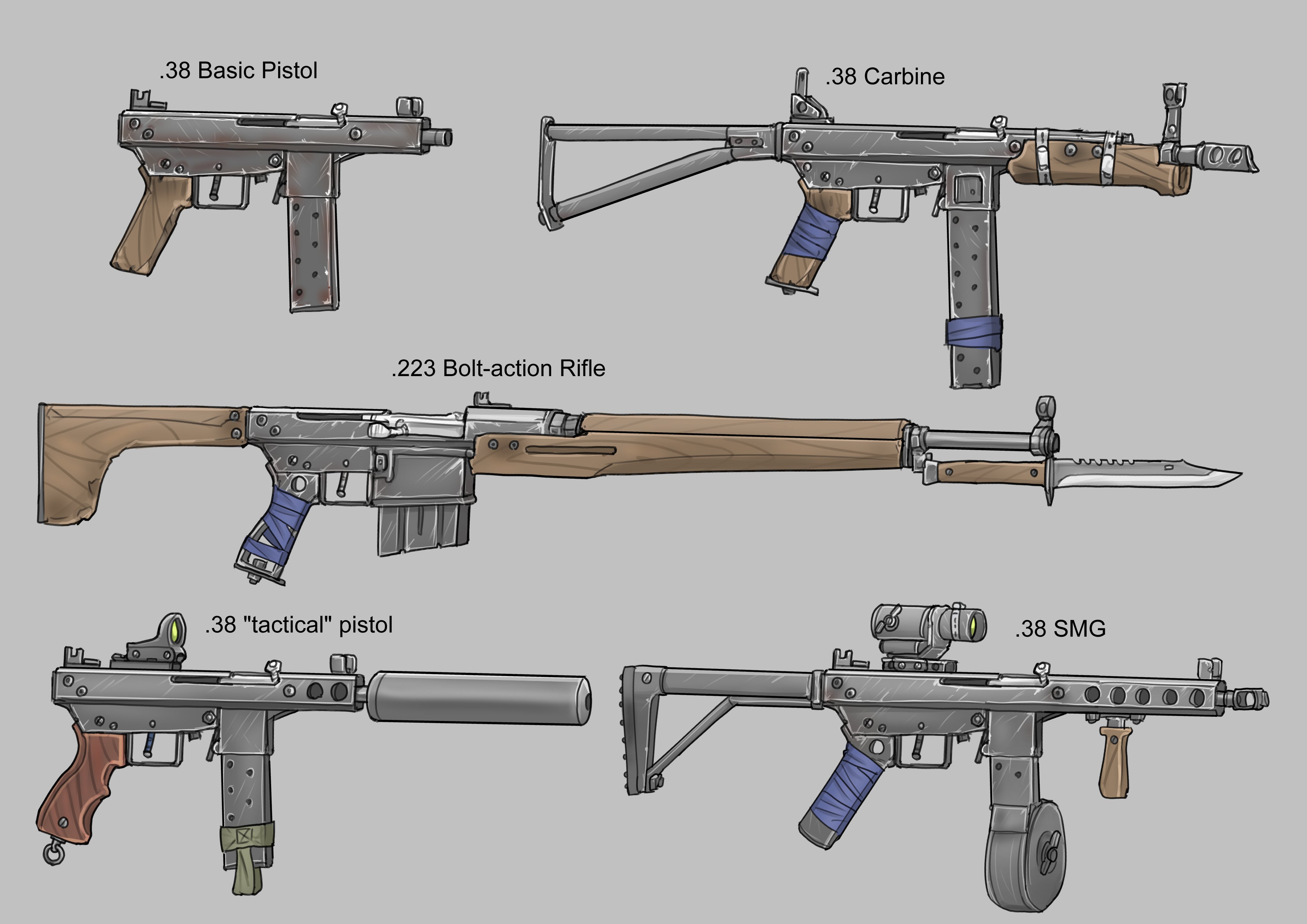 absurdres bayonet bolt-action_rifle carbine commentary drum_magazine english_commentary english_text fallout fallout_4 grey_background gun handgun highres knife magazine_(weapon) no_humans pistol pistol-caliber_carbine redesign rifle scope srtdrawart still_life submachine_gun suppressor weapon weapon_focus