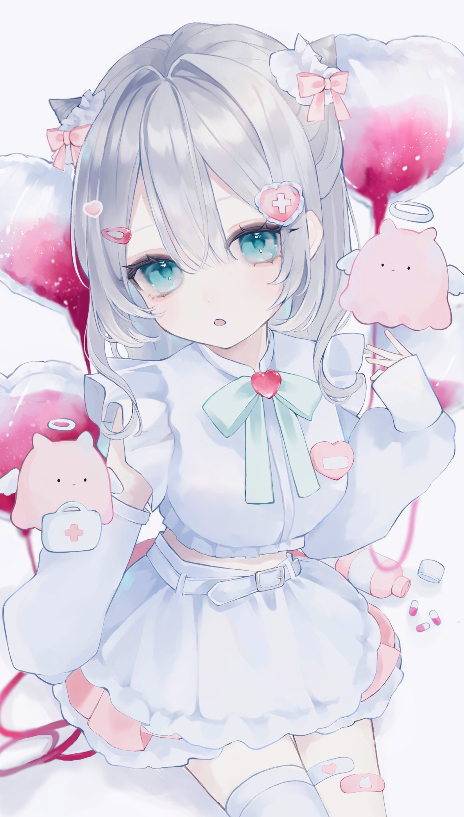 1girl absurdres ao_marumaru0720 aqua_eyes balloon bandaid bare_arms belt blood blood_bag choker creature cylinder first_aid_kit fur_trim hair_between_eyes hair_ribbon heart heart_balloon heart_choker highres long_sleeves medicine neck_ribbon open_mouth original pink_ribbon puffy_sleeves ribbon shirt solo thighhighs white_belt white_shirt