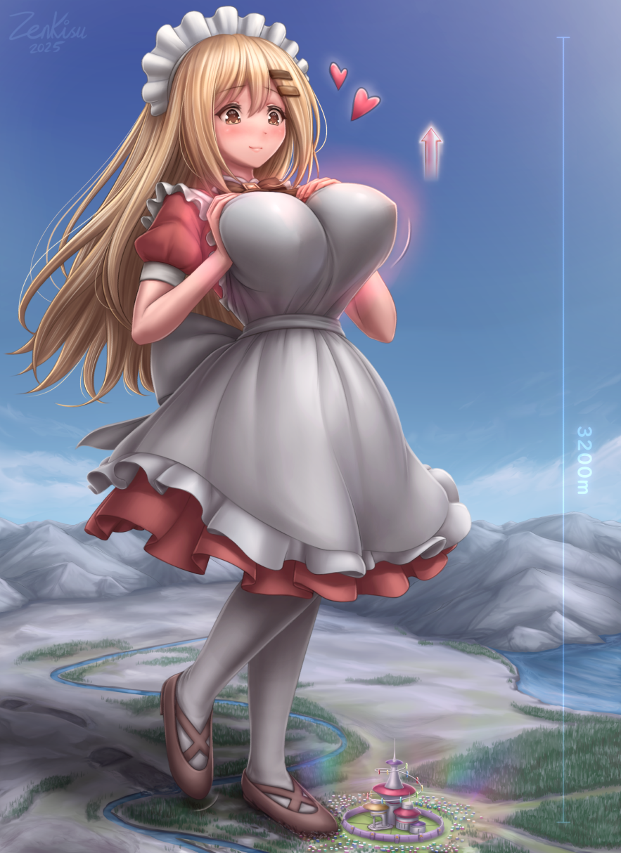1girl apron artist_name blonde_hair blush breasts brown_eyes choujigen_game_neptune city cloud covered_erect_nipples dated destruction giant giantess hair_ornament hairclip heart height height_chart highres huge_breasts impossible_clothes landscape large_breasts long_hair maid maid_apron maid_headdress mountainous_horizon neptune_(series) nose_blush pantyhose shoe_print signature spoken_heart very_long_hair white_pantyhose zen-gts