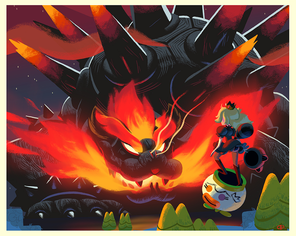 1girl animal_costume boots bowser bracelet breath_weapon breathing_fire claws crown dress fangs fire fury_bowser glen_brogan glowing glowing_eyes glowing_hair horns jewelry junior_clown_car mario_(series) mini_crown nintendo princess_peach raccoon_hood raccoon_tail spiked_bracelet spiked_shell spikes super_mario_3d_world tail tanuki_costume thick_eyebrows tree v-shaped_eyebrows