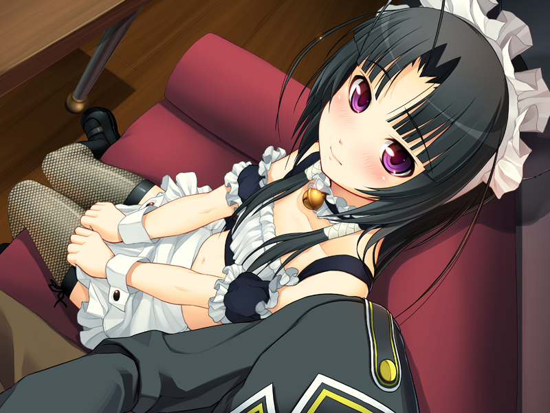 1girl antenna_hair apron bell black_hair blush collar fishnet_thighhighs fishnets flat_chest jingle_bell long_hair looking_at_viewer maid maid_apron maid_headdress midriff neck_bell nitroplus oki_kiki pov purple_eyes side-by-side sitting solo_focus sumaga thighhighs tsuji_santa wrist_cuffs