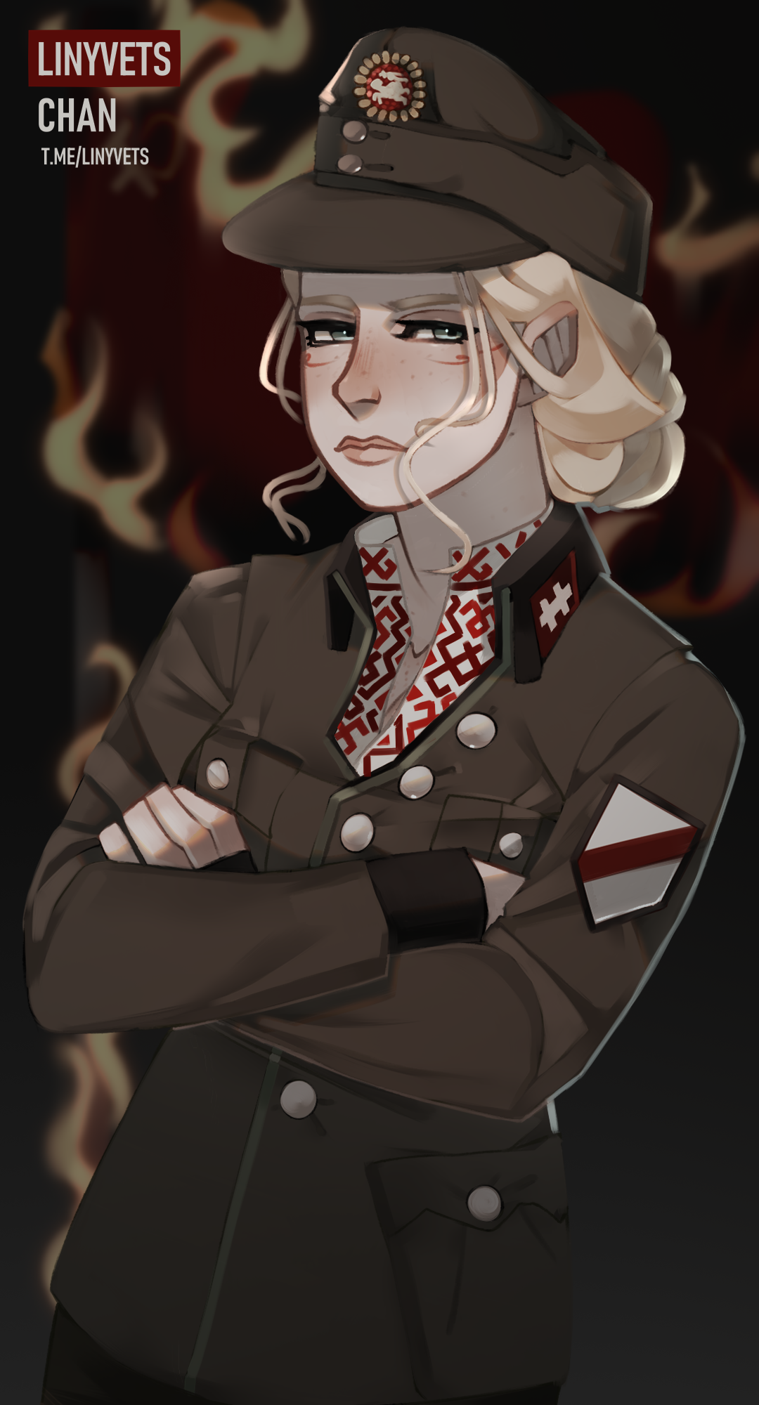 1girl artist_name belarus belarusian_central_council belarusian_clothes belarusian_flag blonde_hair blue_eyes blush body_freckles breasts brown_hat brown_jacket burning burning_flag buttons cleavage collar collar_tabs collarbone cross cross_of_saint_euphrosyne crossed_arms dark_background emilia_plyaterska fire flag_patch freckles frown hair_bun half-closed_eyes hat highres jacket large_ears linyvets_chan lips looking_at_viewer military_hat military_uniform nazi open_clothes open_shirt original pointy_ears red_collar_tabs signature small_breasts soviet vyshyvanka war white_cross world_war_ii