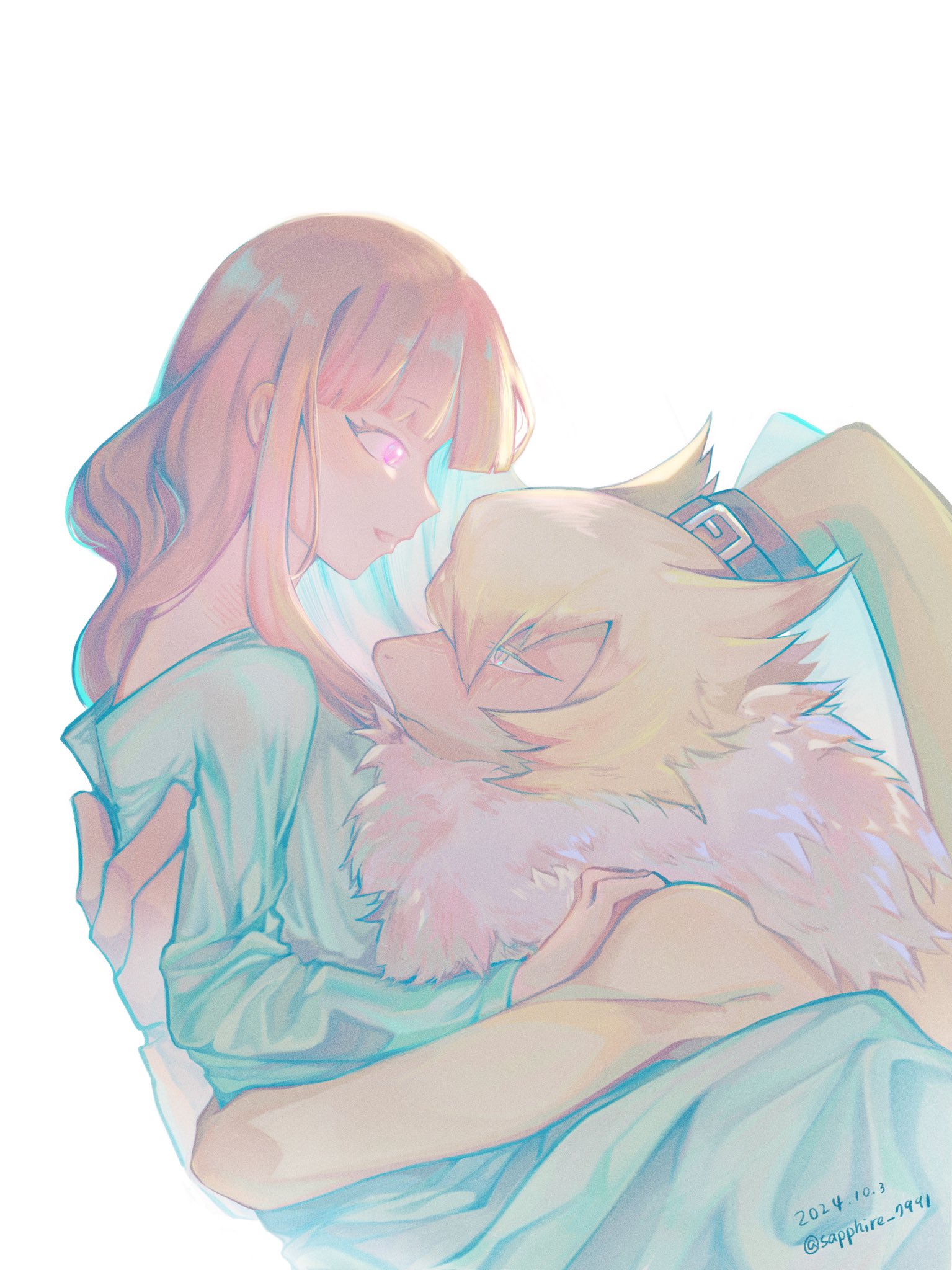 1girl digimon digimon_(creature) highres hug looking_at_another smile symbareangoramon tsukiyono_ruli