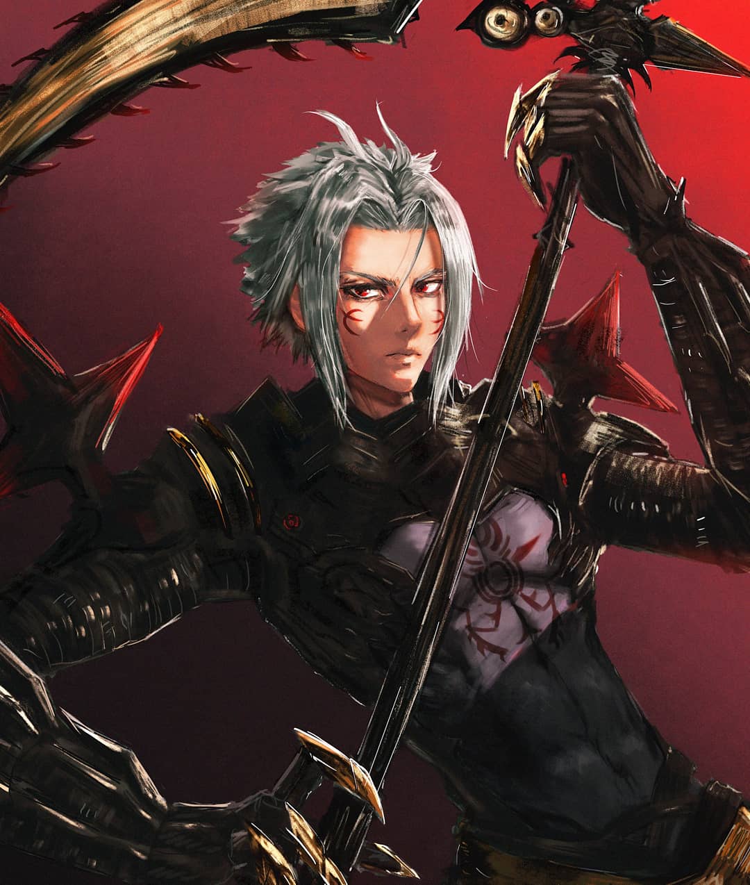 .hack// 1boy azure_meraki black_bodysuit bodysuit claws closed_mouth covered_abs gradient_background haseo_(.hack//) highres holding holding_weapon looking_at_viewer male_focus red_background red_eyes short_hair solo upper_body weapon white_hair
