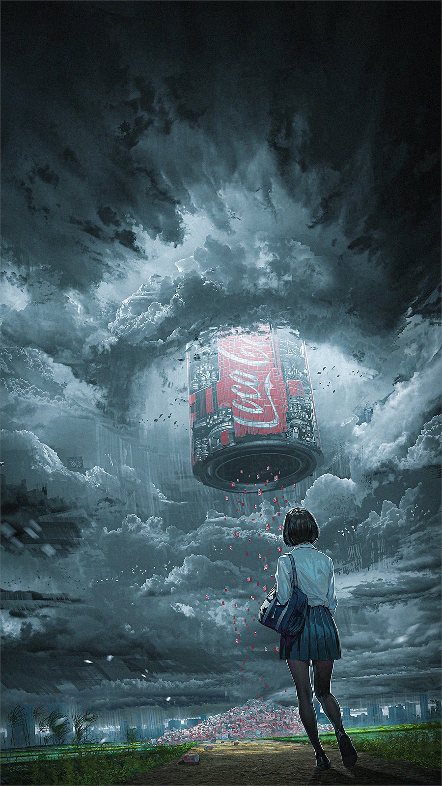 1girl bag bizarre_rain black_bag black_hair black_pantyhose black_shoes black_skirt can chooco_(chocoshi) cityscape cloud coca-cola drink_can facing_away from_behind grass heel_up highres long_sleeves original outdoors overcast oversized_object pantyhose pile pleated_skirt school_bag school_uniform shirt shoes short_hair shoulder_bag skirt sky soda soda_can solo standing surreal white_shirt