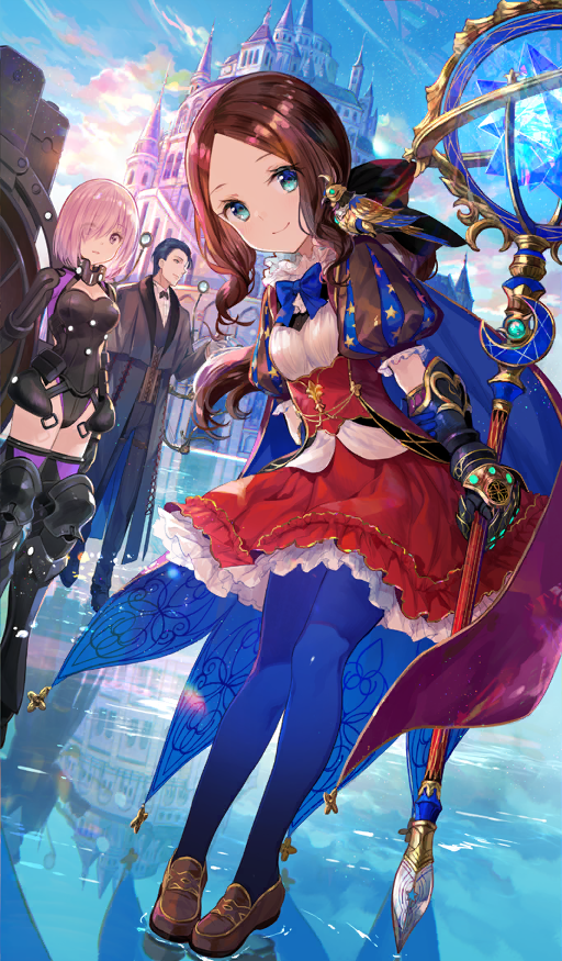 1boy 2boys 2girls animal animal_on_shoulder architecture armor armored_boots bird bird_on_shoulder black_armor black_boots black_bow black_bowtie black_coat black_leotard black_pants black_shirt black_shoes black_thighhighs black_vest blue_background blue_cape blue_eyes blue_hair blue_pantyhose blue_sky boots bow bowtie breasts brown_hair brown_shoes cape castle closed_mouth cloud coat collared_shirt commentary cross-laced_coat day dutch_angle fate/grand_order fate_(series) frilled_sleeves frills full_body fuzichoco gauntlets hair_bow hair_over_one_eye hair_slicked_back holding holding_shield holding_smoking_pipe holding_staff lapels leaning_forward leonardo_da_vinci_(rider)_(first_ascension)_(fate) leotard light_particles long_hair looking_at_viewer low_ponytail mash_kyrielight mash_kyrielight_(ortenaus) medium_breasts mold_camelot multicolored_shirt multiple_boys multiple_girls non-humanoid_robot novum_chaldea official_art outdoors pants pantyhose parted_bangs parted_lips pink_hair ponytail puffy_short_sleeves puffy_sleeves purple_eyes red_cape red_skirt reflection robot robot_animal robot_bird sherlock_holmes_(fate) shield shirt shoes short_hair short_sleeves sidelocks single_gauntlet skirt sky small_breasts small_stellated_dodecahedron smile smoking_pipe staff standing sunlight tailcoat thighhighs third-party_source traditional_bowtie two-sided_cape two-sided_fabric vest white_shirt