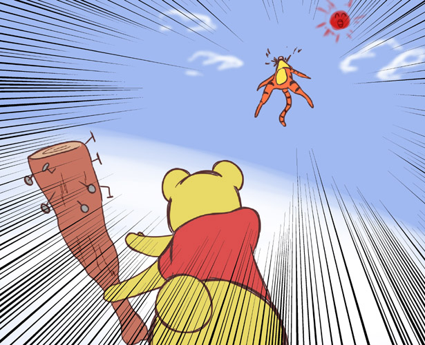 baseball_bat disney emphasis_lines nail nail_(hardware) nail_bat no_humans pooh tigger winnie_the_pooh winnie_the_pooh&#039;s_home_run_derby