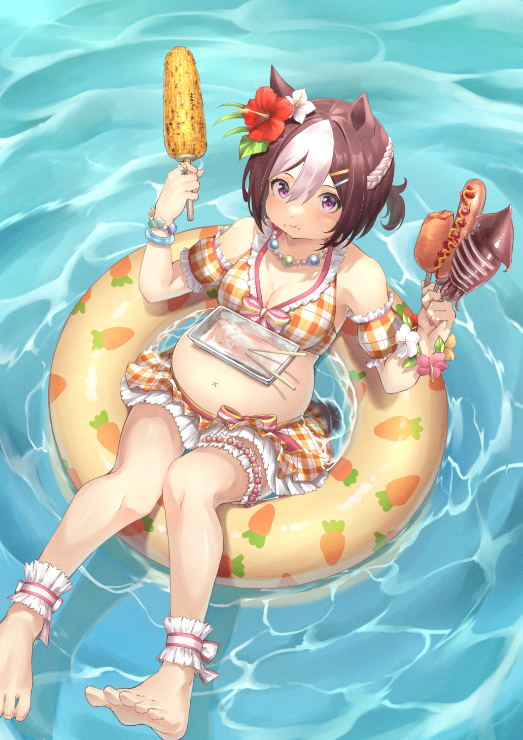 1girl animal_ears anklet arm_garter bare_shoulders barefoot beruu big_belly bikini bikini_skirt bracelet breasts brown_hair caustics chopsticks cleavage closed_mouth corn feet flower food food_on_face frilled_bikini frilled_thigh_strap frills full_stomach hair_flower hair_ornament hairclip hibiscus highres holding holding_skewer horse_ears horse_girl horse_tail hot_dog ikayaki innertube jewelry multicolored_hair orange_bikini plaid_bikini plaid_clothes purple_eyes short_hair skewer small_breasts solo special_week_(hopping_vitamin_heart)_(umamusume) special_week_(umamusume) swim_ring swimsuit tail thigh_strap toes two-tone_hair umamusume water x_navel