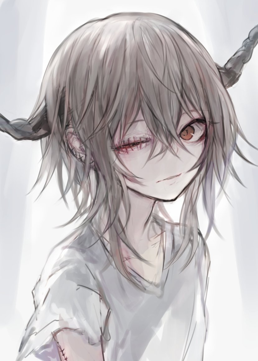1girl bags_under_eyes brown_eyes female_focus grey_hair hair_between_eyes hasunokaeru horns looking_at_viewer messy_hair original pale_skin shirt solo stitched_eye stitches upper_body white_shirt